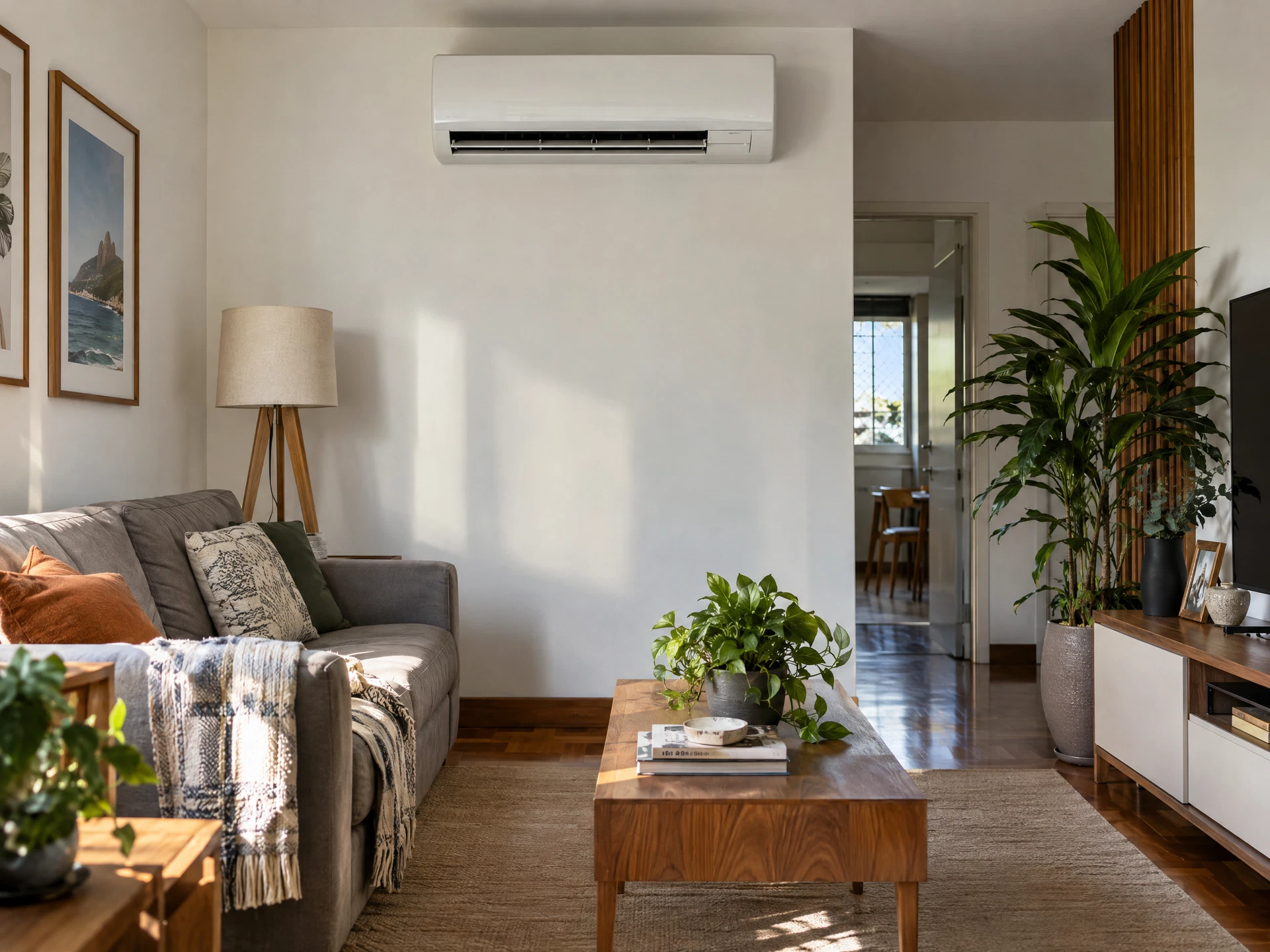 Sala residencial bem iluminada com unidade split em parede livre; imagem ilustrativa