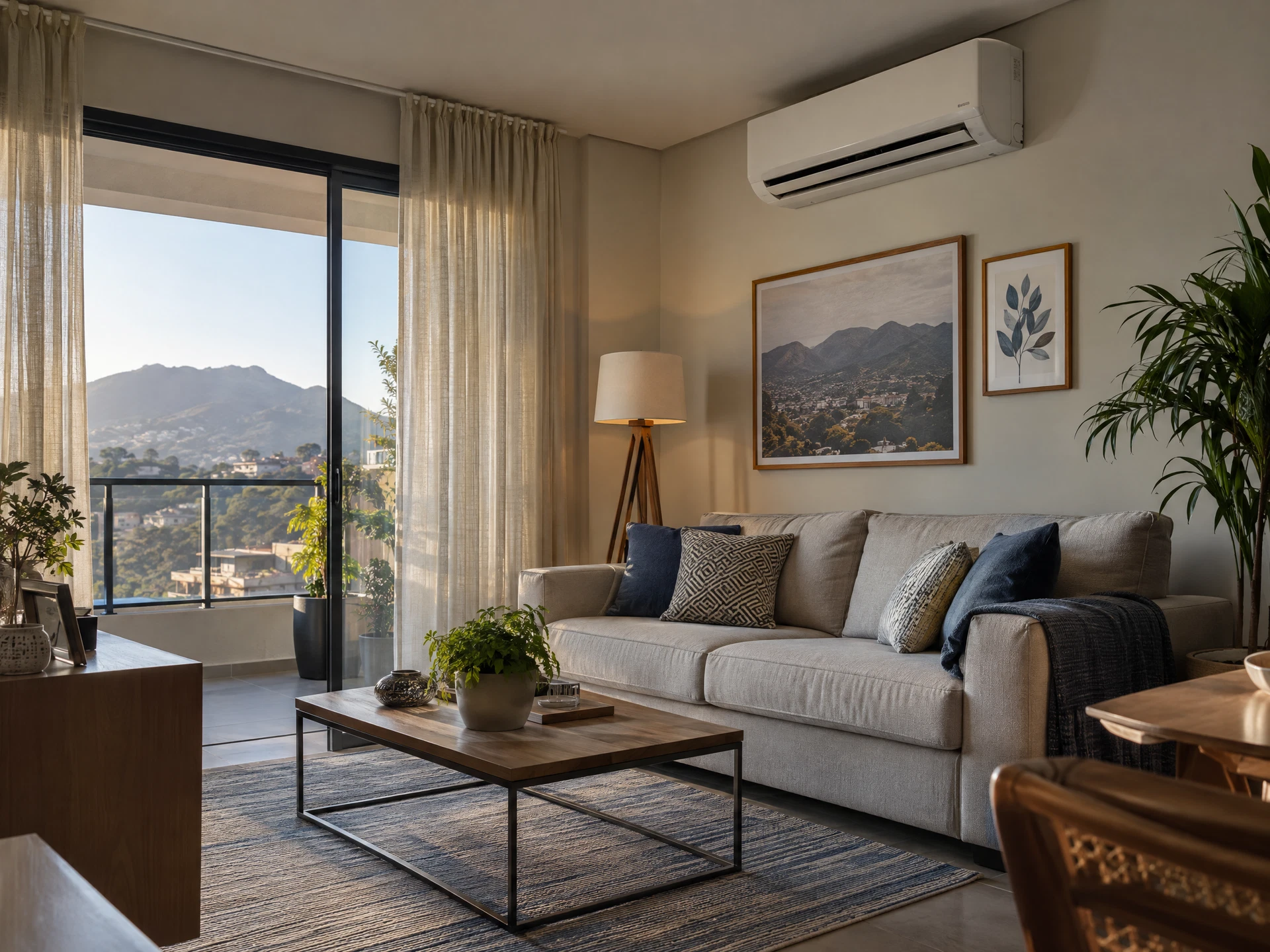 Sala residencial com aparelho de ar-condicionado split; imagem ilustrativa